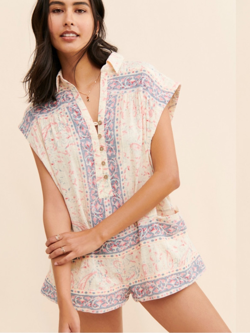 Free People Cream Floral Printed Short Romper
